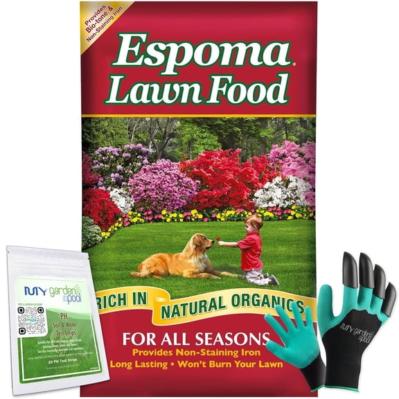 Espoma Lawn Food for All Seasons;15-0-5 Non-Staining Iron; Exclusive Bio-Tone Formula with Slow Release Nitrogen 20 lb. Bag and My Garden Pool Superior Gardening Claw Gloves and Garden-IQ