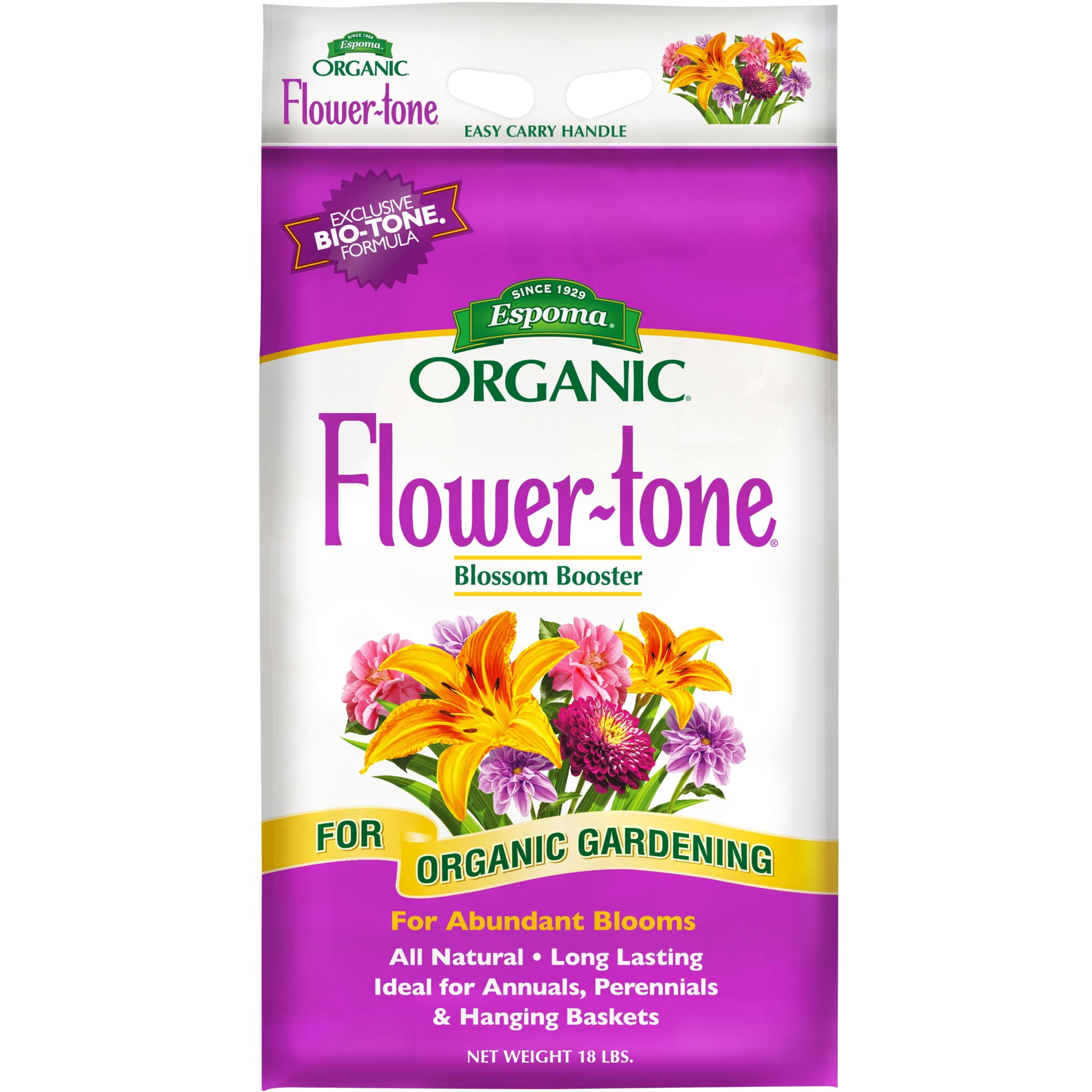 Espoma Organic Flower-tone 3-4-5 Natural Plant Food for flowers, Annuals, Perennials & Hanging Baskets, Blossom Booster, 18lb