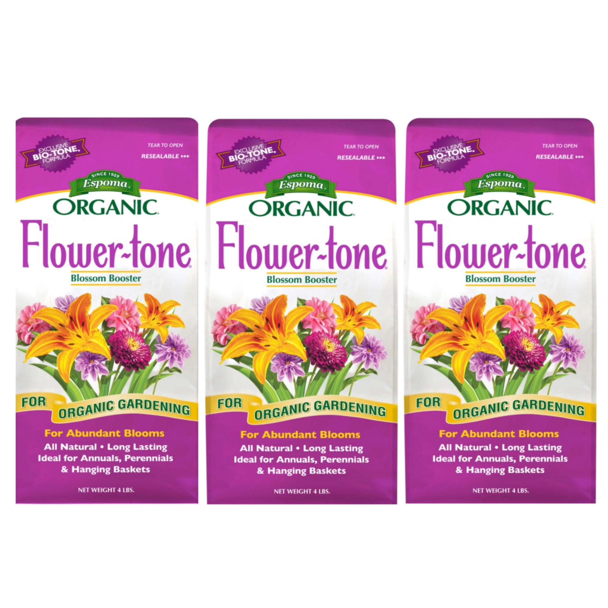 3-pack Espoma Flower-Tone Blossom Booster Plant Food - 3-4-5 NPK, Natural - 3 Pack, 4 lbs — Outdoor & Indoor Plant Use, Easy Application