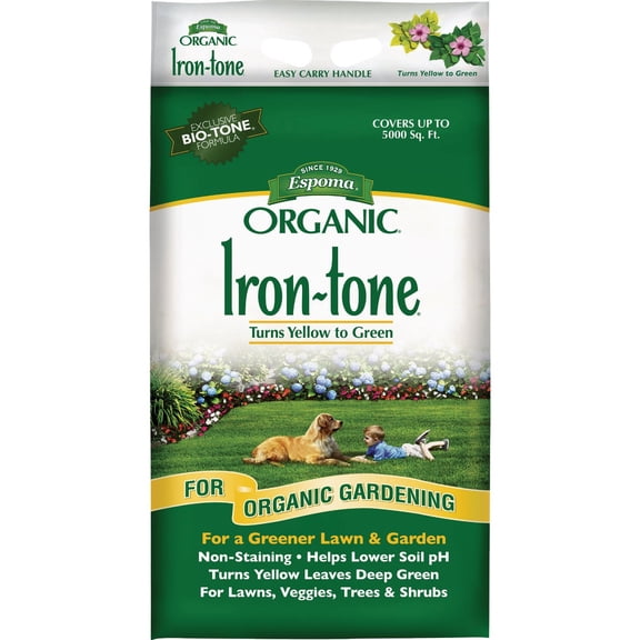 Espoma Organic Iron-Tone 3-0-3 Organic Fertilizer and Plant Food to Help Correct Iron Deficiency (Chlorosis). 20 lb. Bag. Turns Yellow to Green, Non Staining Iron