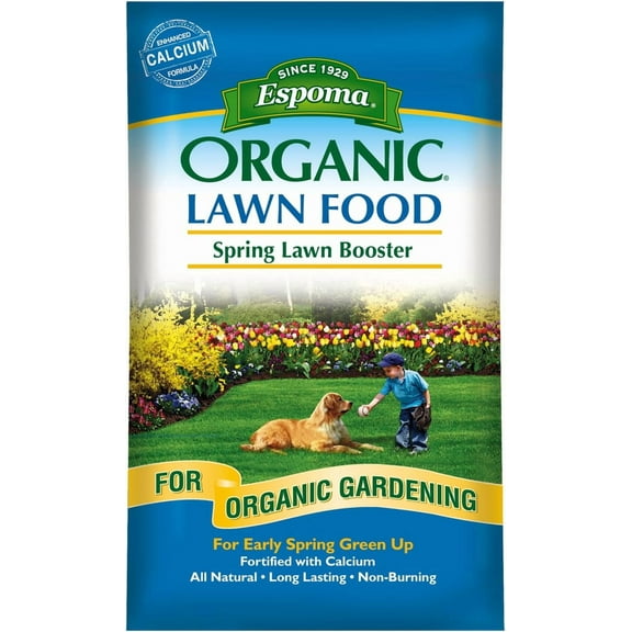 G3C13027L Espoma Organic Spring Lawn Booster 8-0-0 Natural & Organic Lawn Fertilizer. Long Lasting Slow-Release Nitrogen Enhanced with Calcium. 30 lb. Bag Covers up to 5,000 Sq. Ft.