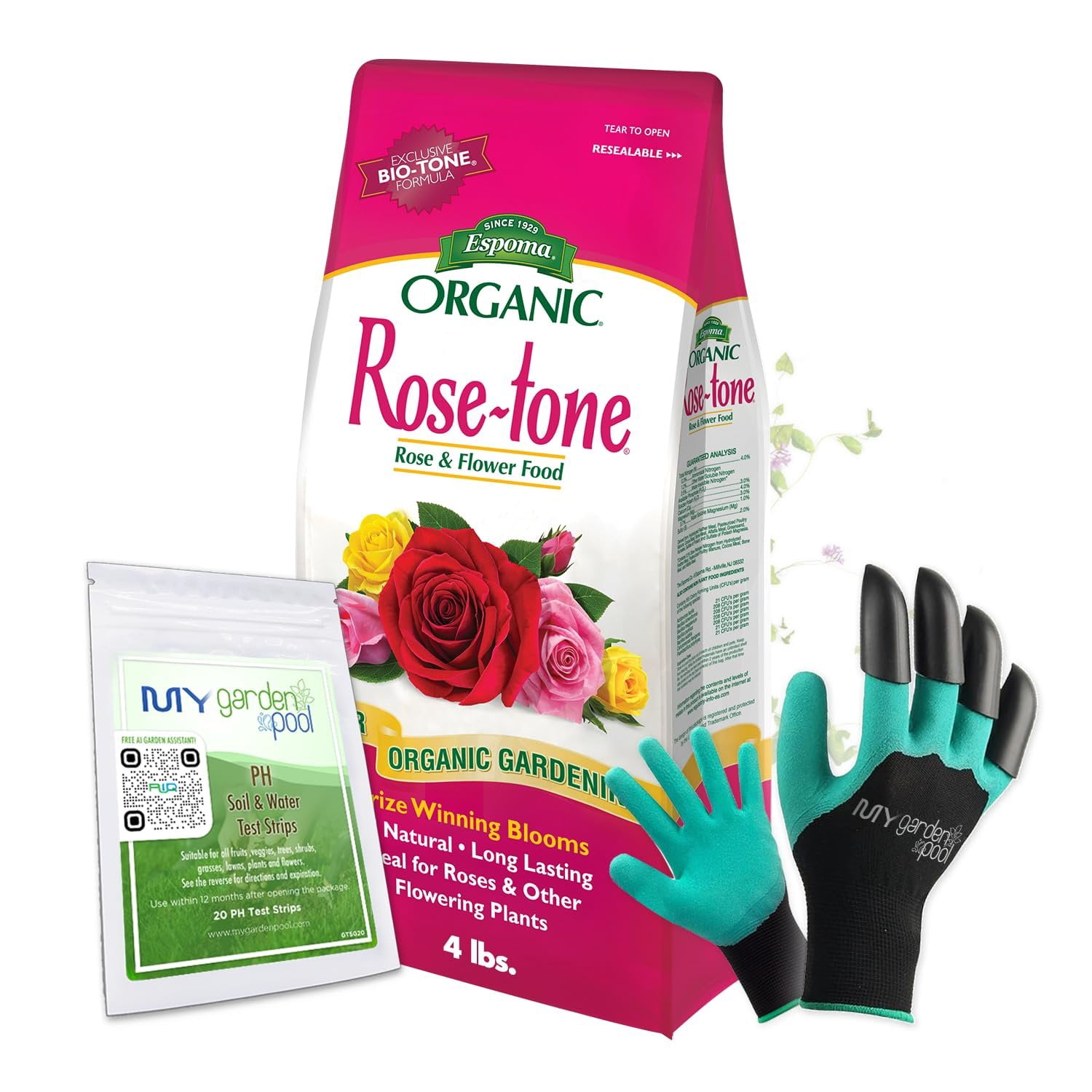 Espoma RT4 Organic Rose-Tone 4-3-2; 4 lb. Bag for All Types of Flowering Plants; with My Garden Pool PH Soil Test Strips 20 ct, and Gardening Claw Gloves and Garden-IQ, Smart Gardening AI Assistant!