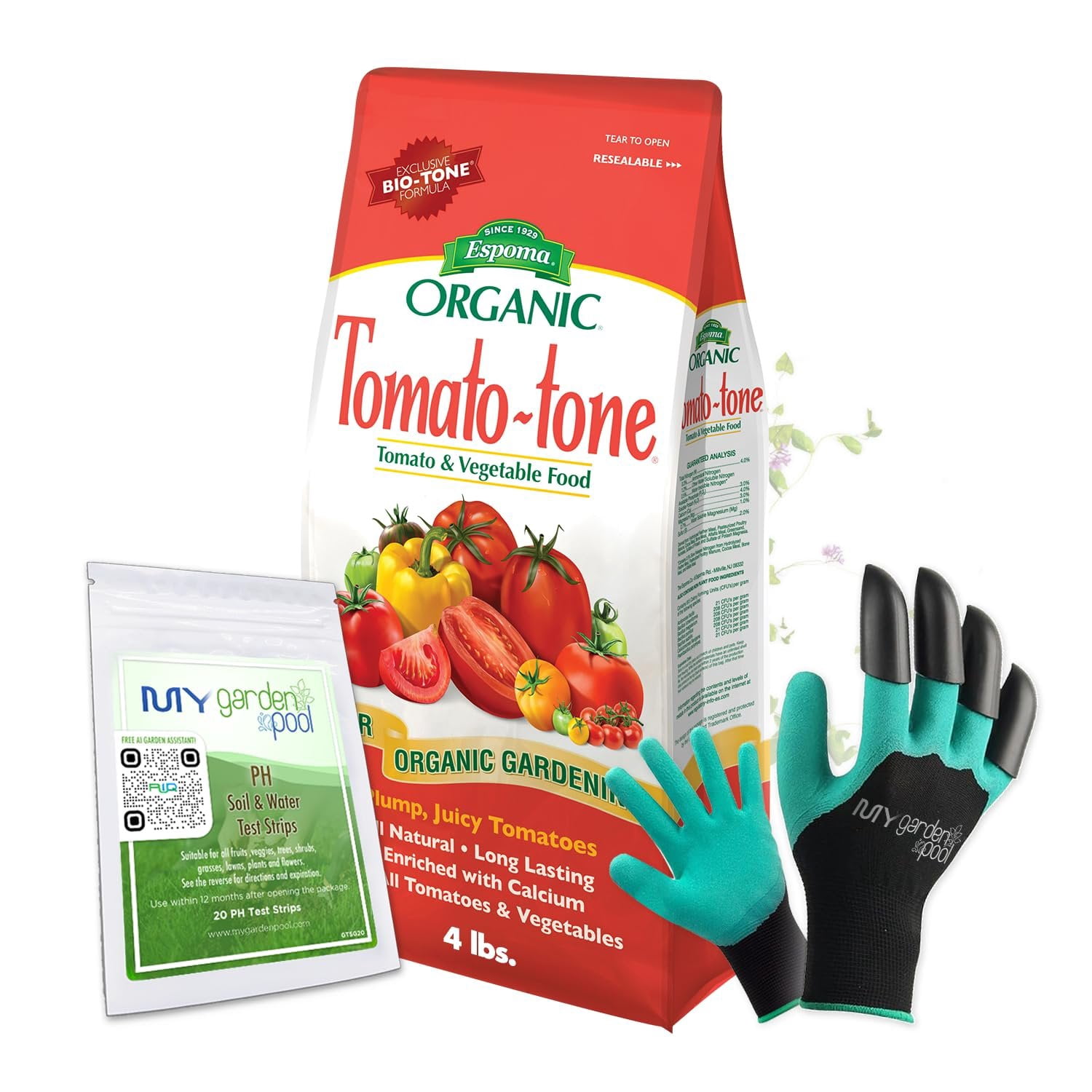 Espoma TO8 Organic Tomato-Tone 3-4-6; Nutrient Boost for Your Tomatoes! with My Garden Pool PH Soil Test Strips 20 ct, and Gardening Claw Gloves and Garden-IQ, Smart Gardening AI Assistant!