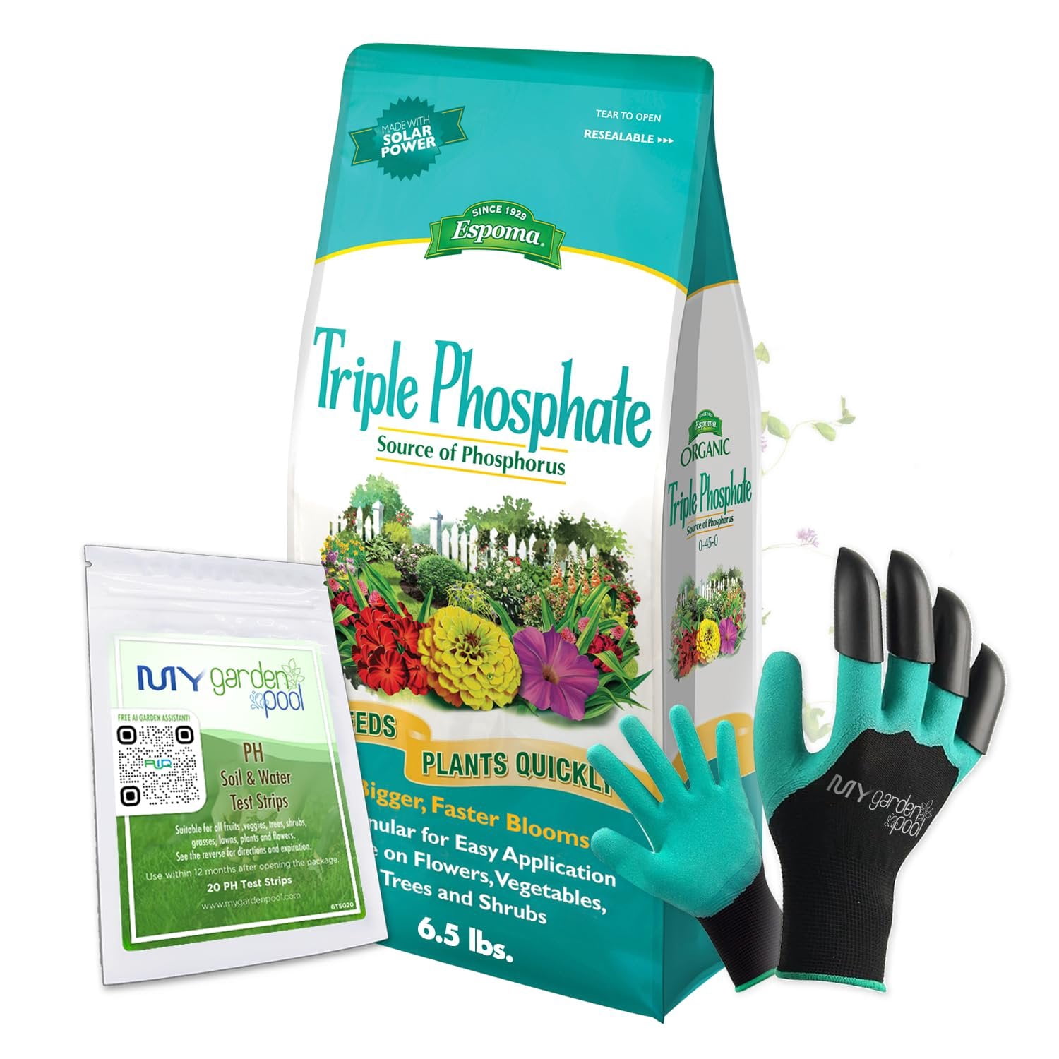 Espoma TP6 Triple Phosphate 0-45-0; 6.5 lb. with My Garden Pool PH Soil Test Strips 20 ct, and My Garden Pool Superior Gardening Claw Gloves and Garden-IQ, Smart Gardening AI Assistant!