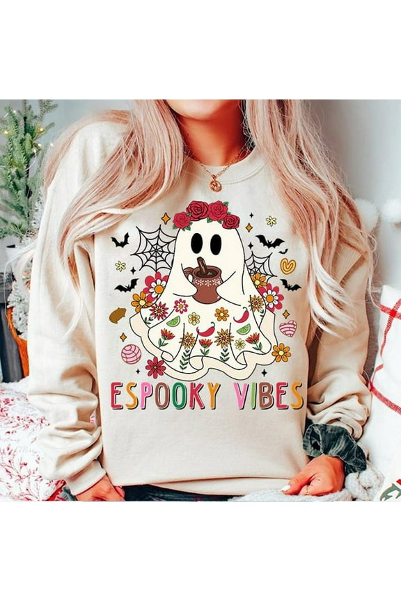 Espooky Season Sweatshirt with Floral Ghost and Mexican Conchas, Spooky Latina Halloween Shirt, Cute Spanish Fall Outfit, Regalo en Español