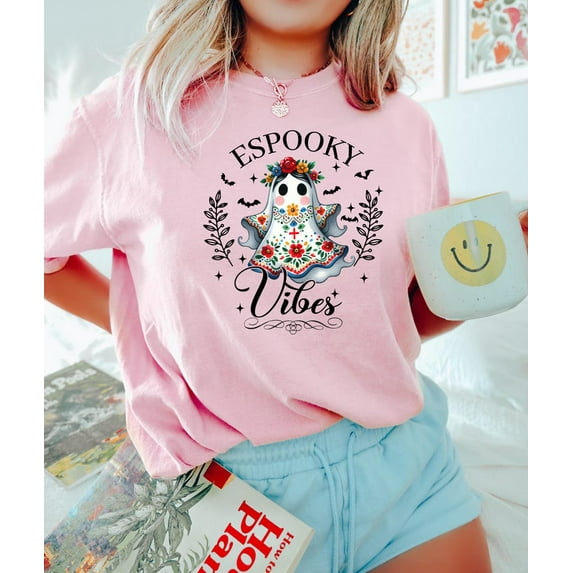Espooky Season T-shirt, Halloween Cute Ghost Coffee T-shirt, Halloween Mexican Ghost T-shirt, Latina Halloween T-shirt, Spooky Conchas T-shirt.