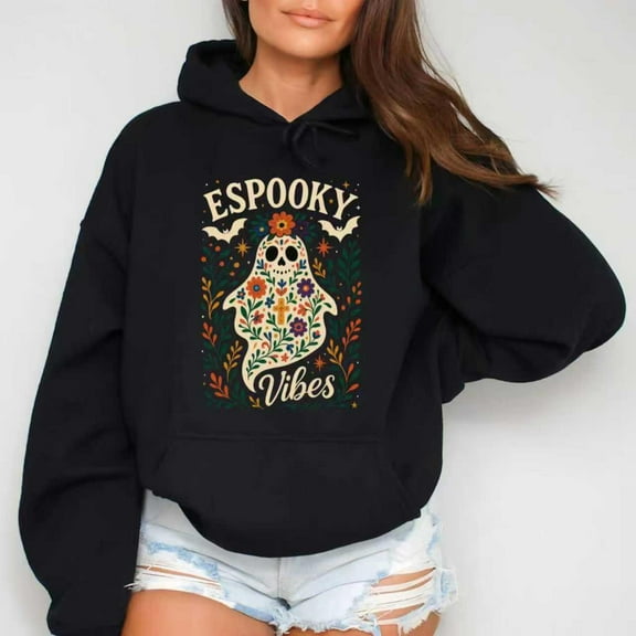 Espooky Vibes Graphic Floral Ghost Pullover Sweatshirt Hooded long-sleeved Black S-2XL