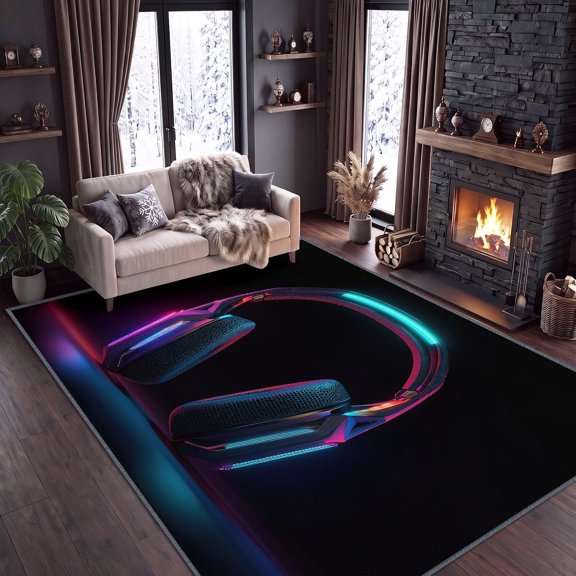 Esports Gaming Headset Area Rugs, Neon Tech Carpet, Washable Non Slip Low Pile Soft Rug for Living Room Bedroom Bedside Office Home Decor Mat 2x3ft