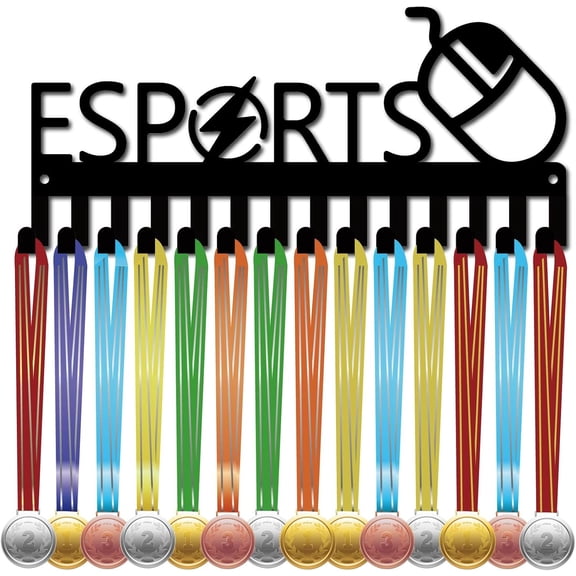 Esports Medal Holder Hanger Medals Display Rack Black Metal Iron Small Shelf Medal Plaques Hanger Organizer Medal Frame Wall Mounted with 20Hooks for DIY Lanyard Ribbon 11.4x5Inch