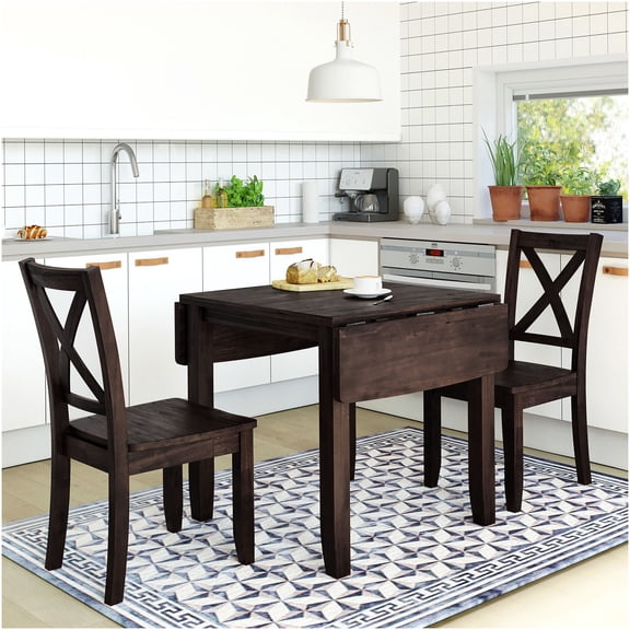 Espresso 3-Piece Drop Leaf Dining Table Set with 2 X-Back Chairs, Space-Saving Kitchen Nook Set for Small Spaces, Solid Wood Construction