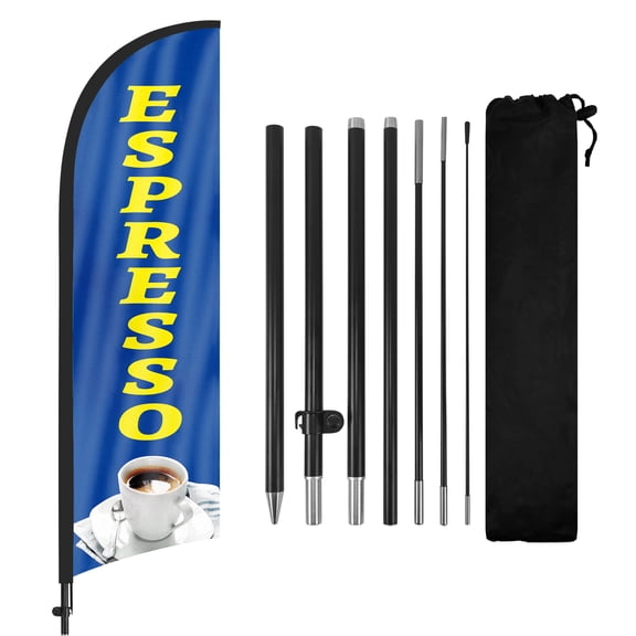 Espresso Advertising Swooper Flag Banners, Espresso Feather Flags with Pole and Ground Stake 8Ft, Advertising Feather Banner Sign for Espresso Business Blue