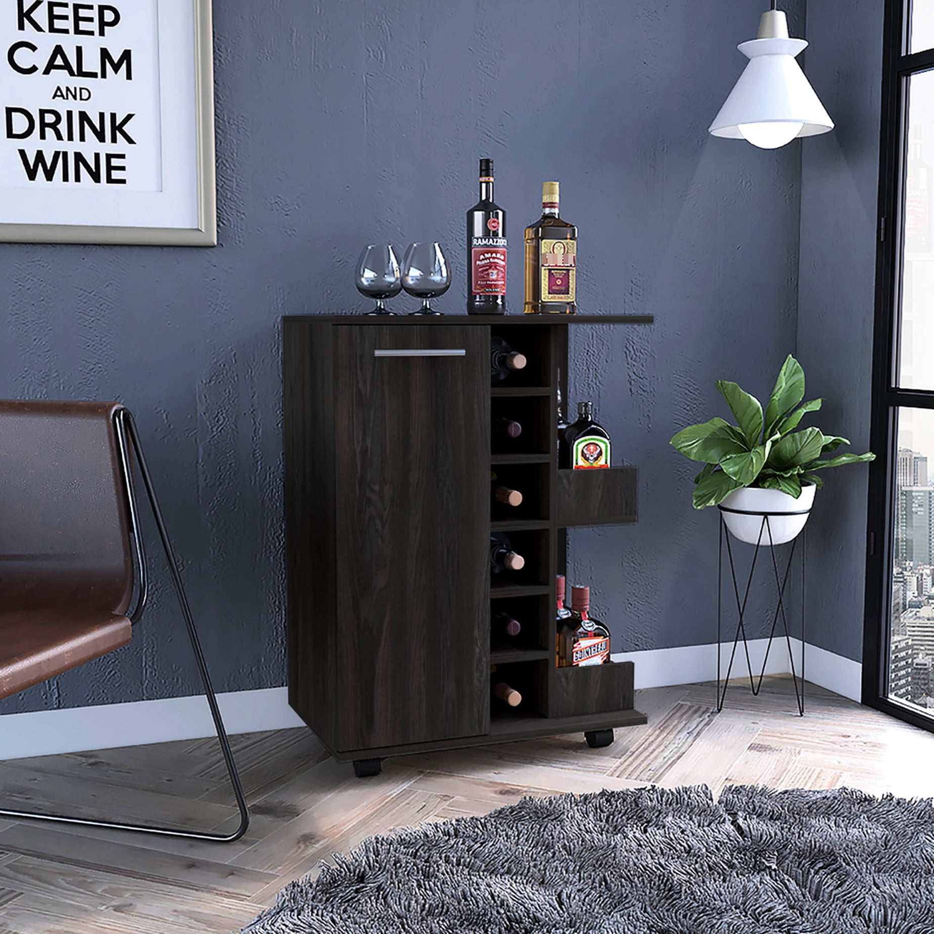 Espresso Bar-Cart / 33.46" Package Depth, Six Liquor Cubbies, Folding ...