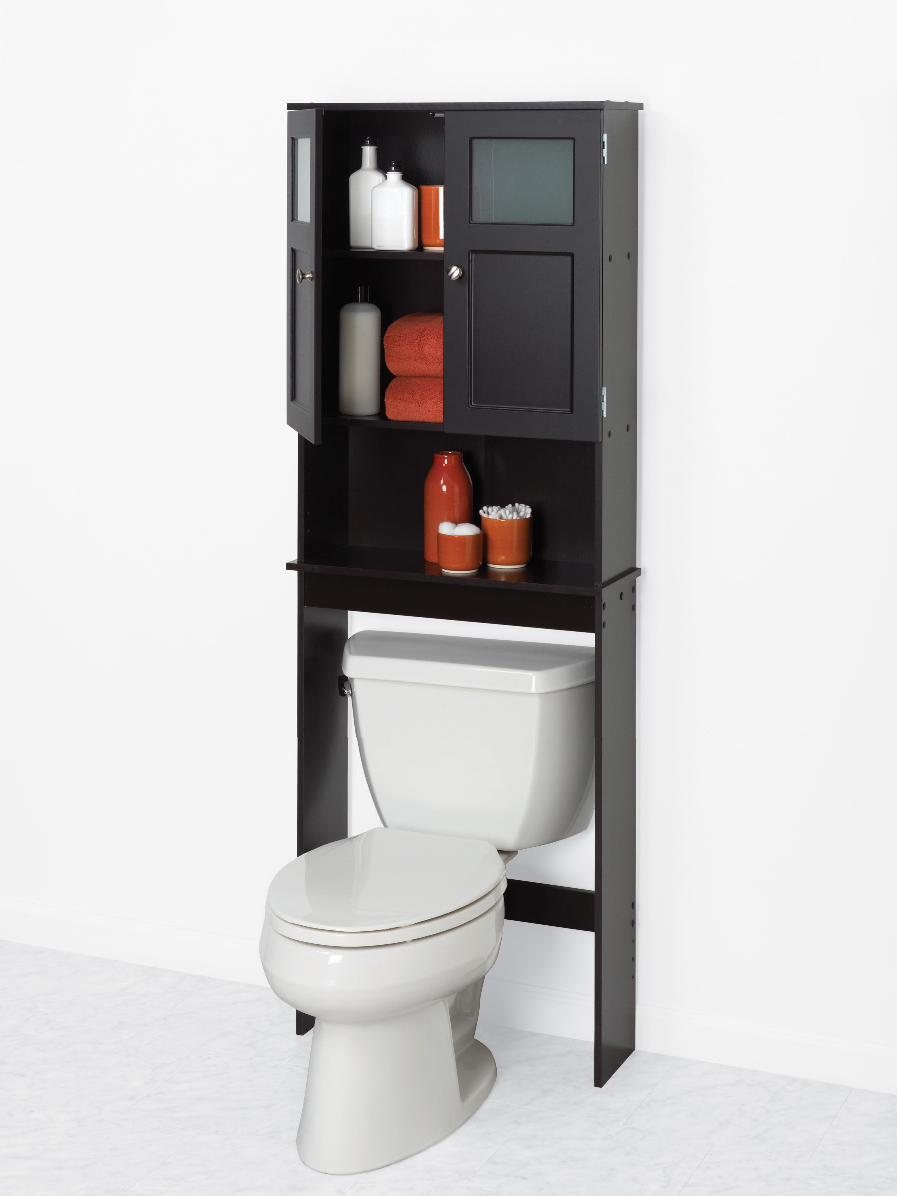 Espresso Bathroom Spacesaver with Frosted Windows and 3 Shelves, Zenna