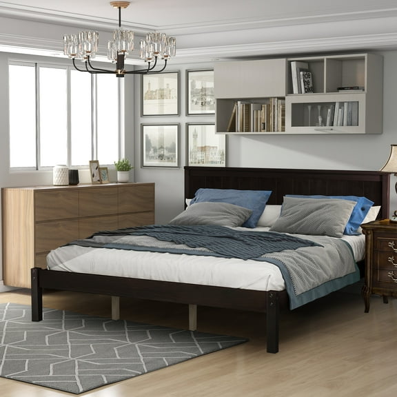 Espresso Bed Frame Queen Size, Bedroom Furniture Wood Platform Bed with Headboard, No Box Spring Needed, Queen Bed Frame for Teens Adults, Heavy Duty Queen Platform Bed Easy Assembly, 80.7''x64''x36''