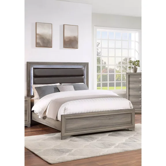 Espresso Bonded Leather Upholstered HB 1pc Queen Size Bed w LED Transitional Style Wooden Master Bedroom Furniture