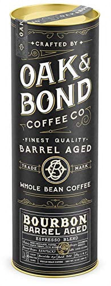 Espresso Bourbon Barrel Aged Coffee - Whole Bean Coffee, Dark Roast, Colombia & Brazil Espresso Blend, Whole Bean Coffee Aged in Bourbon Whiskey Barrels by Oak & Bond Coffee Co. - 10 oz