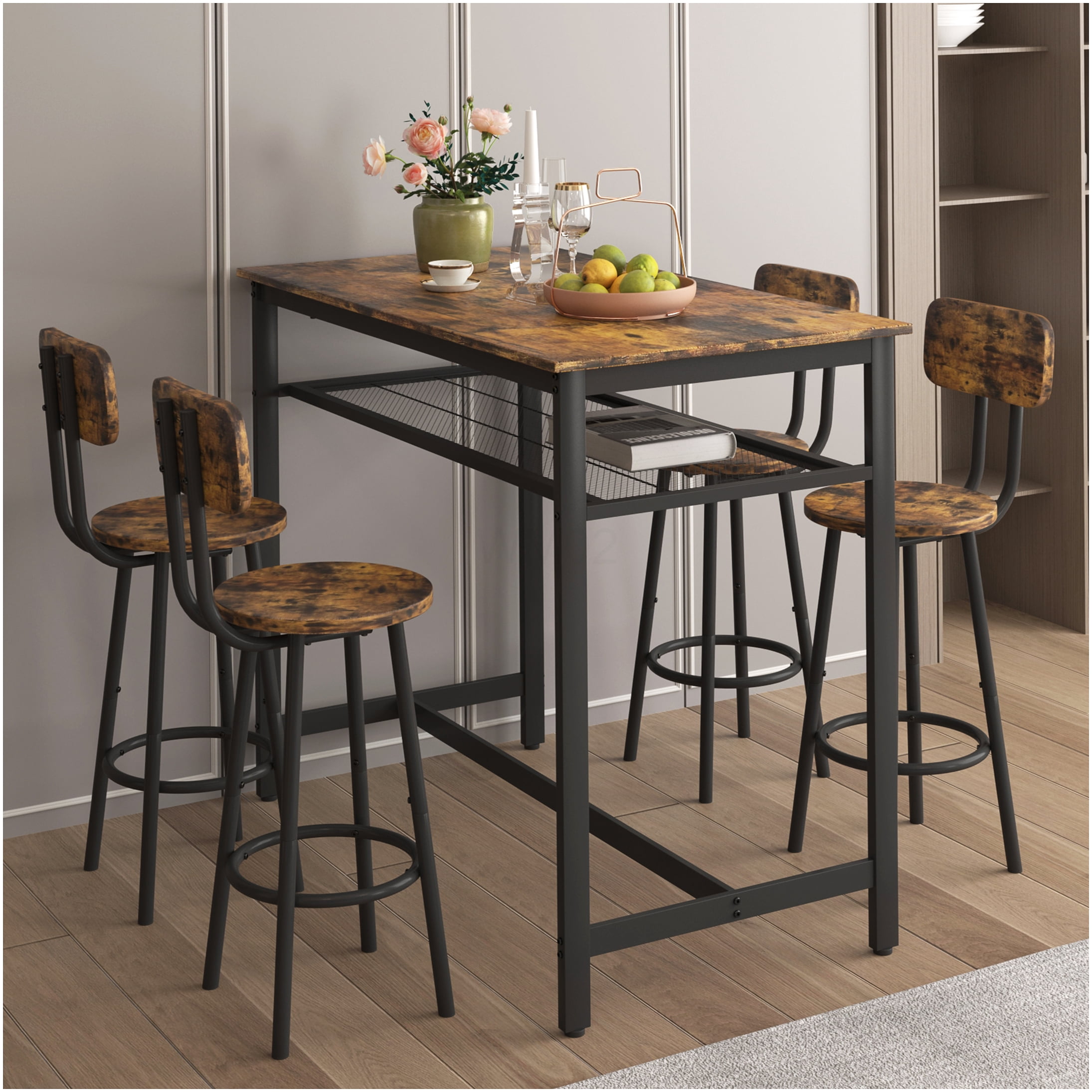 Espresso Brown 5-Piece Counter Height Dining Set with Pub Table and 4 ...