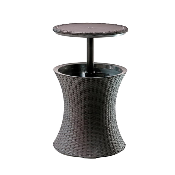 Espresso Brown 7.5 Gallon Beverage Cooler, 3-in-1 Outdoor Patio Side Table & Hot Tub Table, Weather Resistant Rattan Look Resin Furniture with Drain Plug for Backyard Party BB