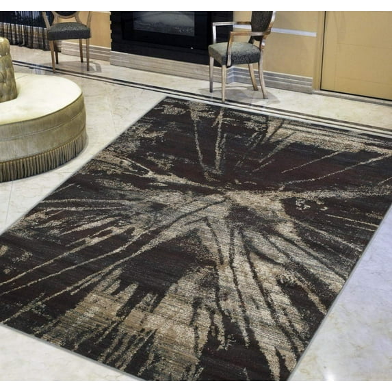 Espresso Brown/Beige Splash Abstract Explosion Pattern Distressed- Modern Vintage Area Rug