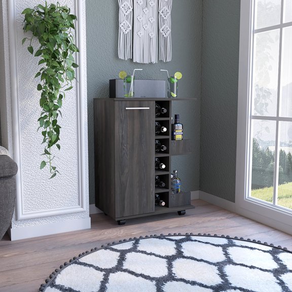 Espresso Brown Finish - Wine Rack & Enclosed Shelves - Main Living - Lockable Casters