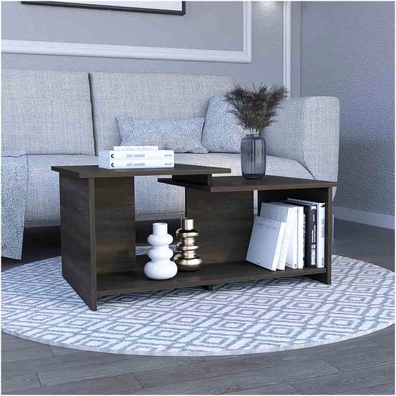 Espresso Brown Modern Coffee Table with Lower Open Shelf for Living Room