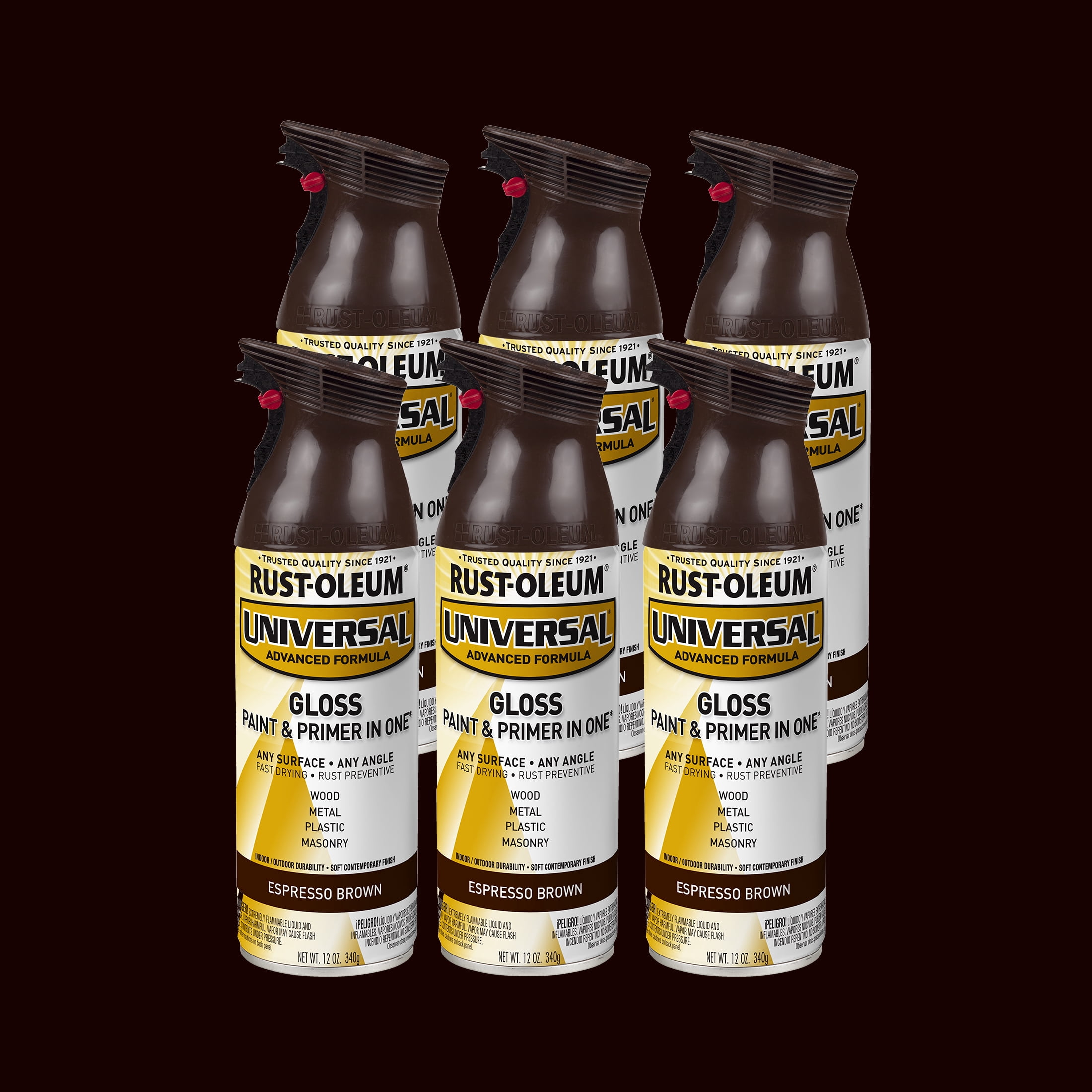6 Pack, Espresso Brown, Rust-Oleum Universal All Surface Interior/Exterior Gloss Spray Paint-245215, 12 oz