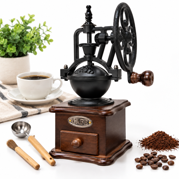 Espresso Brown Square Base Manual Coffee With Cast Iron Ferris Wheel Crank