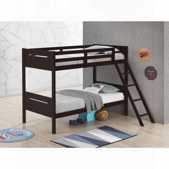Espresso Bunk Bed with Built-in Ladder - Asian Hardwood & MDF Materials