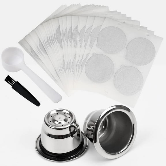 Espresso Capsules Refillable Coffee Pods Stainless Steel Cups Filters Compatible for Line Machines with Foil Seals Stickers (2 Cups+100 )
