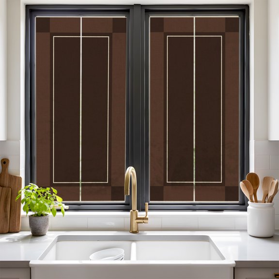 Espresso Center Window Privacy Film Minimalist Brown Outer Square Blocks Geometric Non Adhesive Window Cling Stickers Static Cling Glass Decals for Home Party Decoration 19.6 x 39.3 in