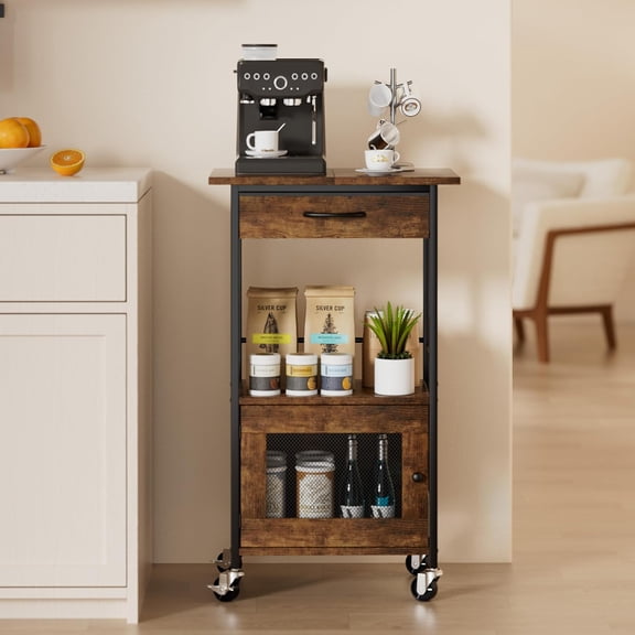 Espresso Coffee Bar Cabinet with Rolling Wheels, Farmhouse Kitchen Storage Cart with Microwave Stand and Drawer