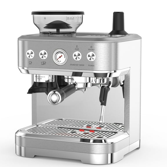 Espresso Coffee Machine, Stainless Steel 15 Bar Compact Espresso Maker with 60oz Removable Water Tank, Milk Frother Wand and Grinder