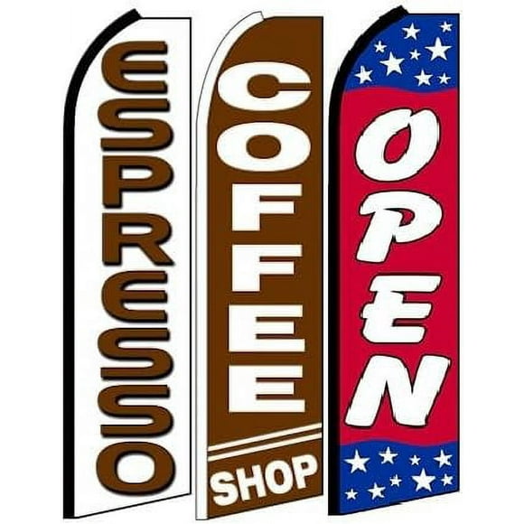 Coffee Shop Open Flags Pack of 3 | 3 ft by 11.5 ft Flags for Business Outdoor | Flags for Business | Outdoor Flags For Business (Hardware Not Included)