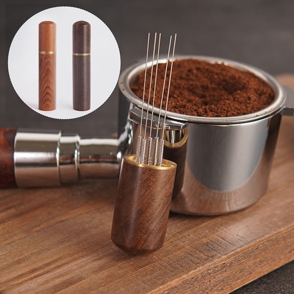 Espresso Coffee Stirrer, Professional Espresso Stirring Distribution Tool Coffee Powder Hand Tamper Distributor, Stainless Steel Needle, Natural Wood Handle and Stand