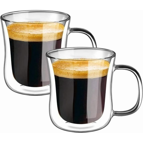 Espresso Cups 4 Oz Double Walled Glasses Coffee Mugs Set of 2, Clear Glass Coffee Cups with Handle, Insulated Coffee Mug Borosilicate Heat Resistant Double Wall Glass Espresso Coffee Cups