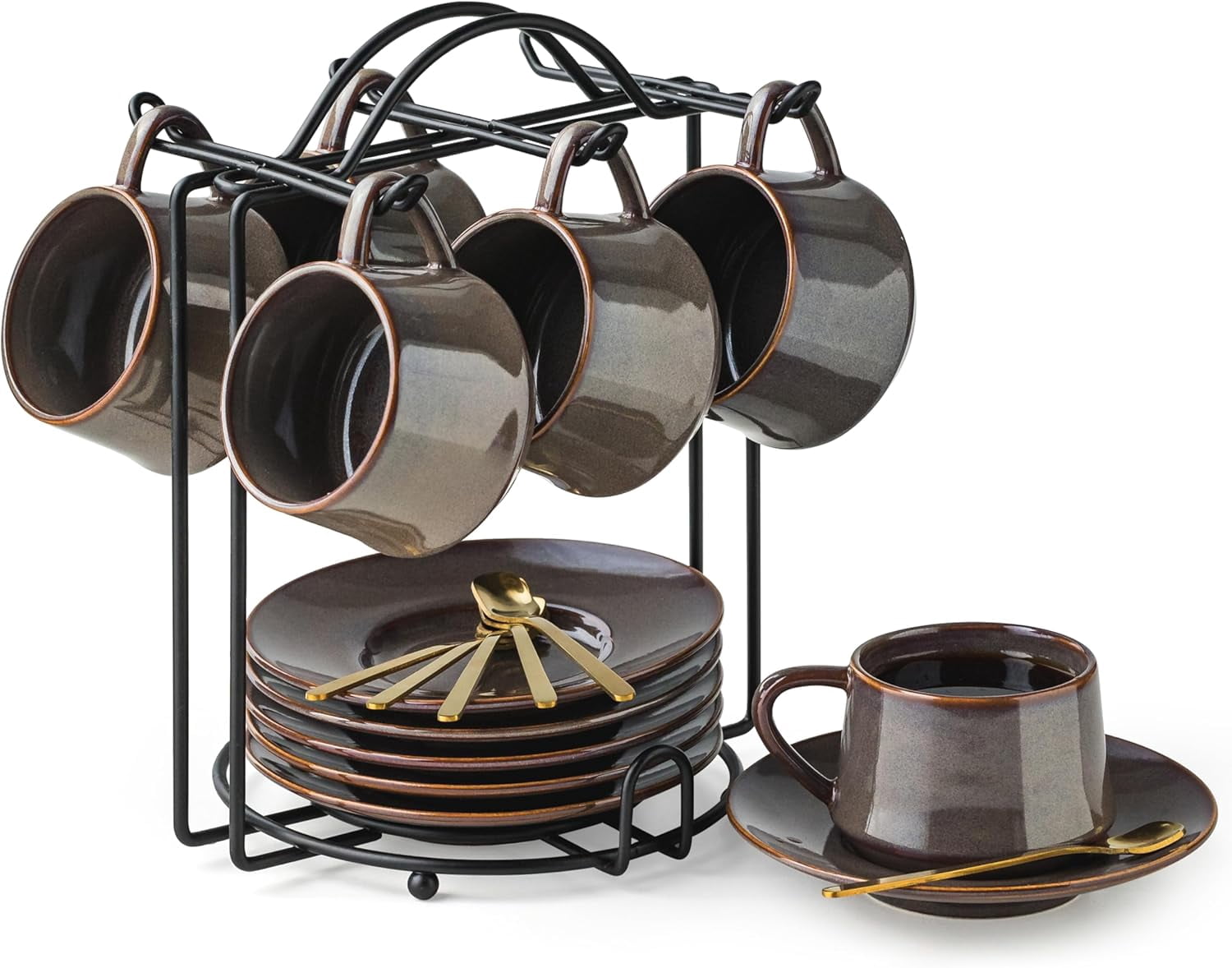 Espresso Cups 4 Oz, Porcelain Coffee Set of 6 Cup with Saucers