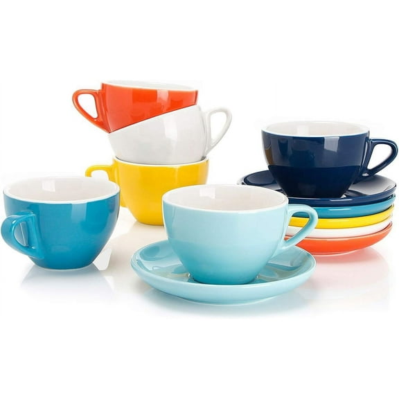 Espresso Cups with Saucers, 4 Ounce Demitasse Cups, Perfect for Single or Double Espresso, Cappuccino, Latte and Tea - Set of 6, Multicolor, Hot Assorted Colors