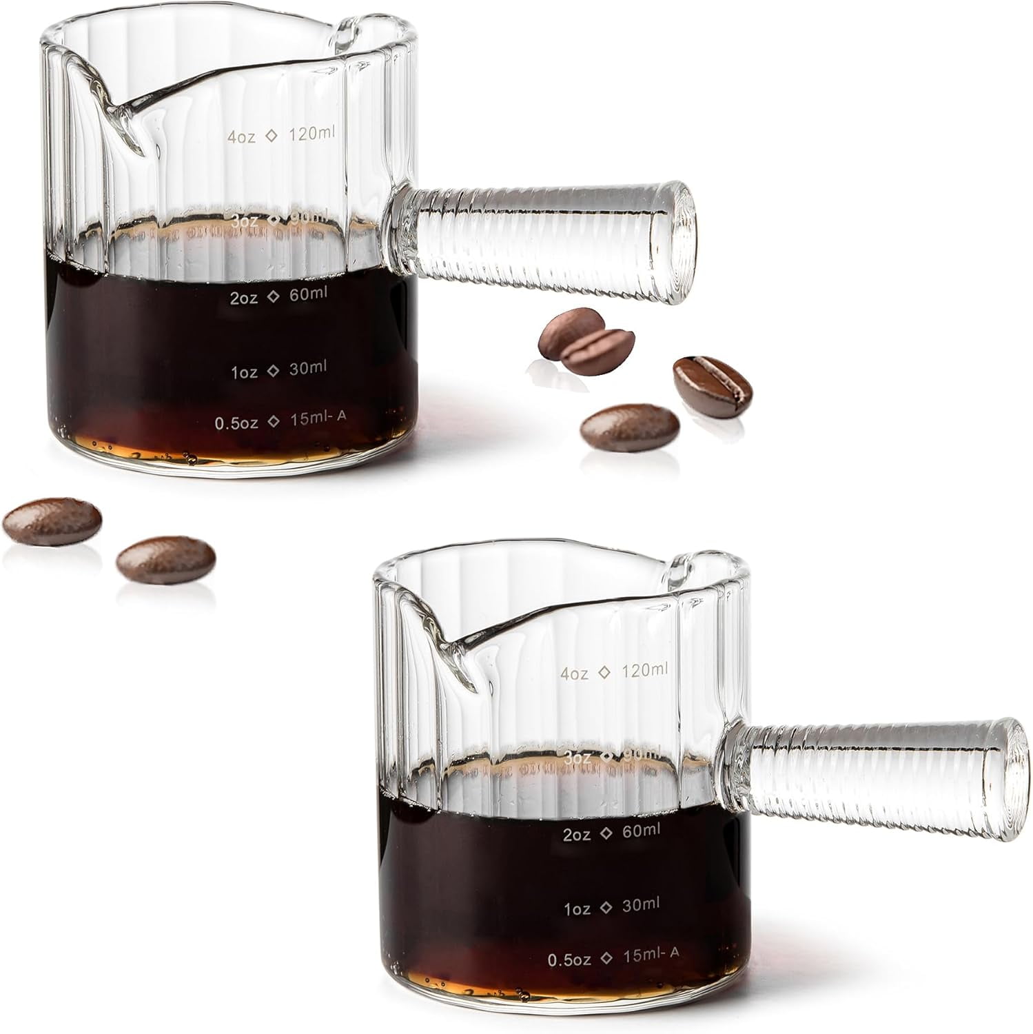 Espresso Cups Set of 2, 4 OZ Glass Double Spouts Cups, Shot Glasses, Milk Cup with Glass Handle for Dishwasher Safe, Espresso Accessories for Machine, Demitasse Cups, Small