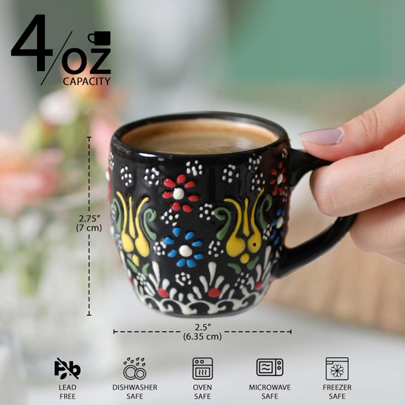 Espresso Cups Set of 2 | 4 oz Small Espresso Cups | Turkish Tea Cups | Demitasse Mugs with Handle | Modern Stackable Ceramic Espresso Mugs Set (RED/BLACK)$$Home Decor, Kitchen, & Other