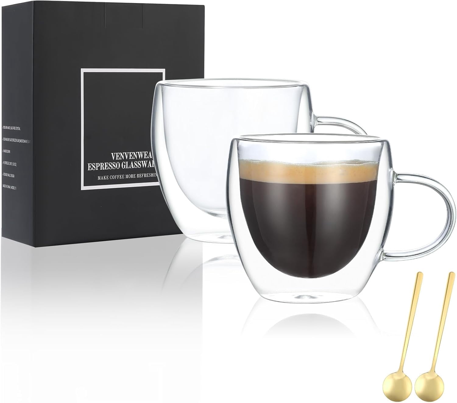 Espresso Cups Set Of 2,Double Wall 5OZ Hand Blown Espresso Shots Glass,Espresso Coffee Mugs In Gift Box,Perfect For Espresso,Latte,Cappuccinos,Tea Bag,Juice