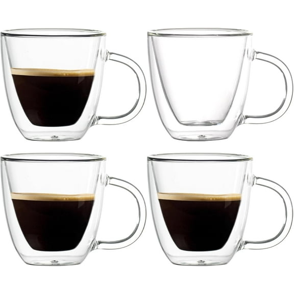 Espresso Cups Set of 4, 6oz /170ml Double Walled Glass Coffee Mugs With Handle, Hand Blown Insulated Espresso Shot Glass Cups,Perfect For Cappuccinos,Latte,Tea, Gifts for Dad