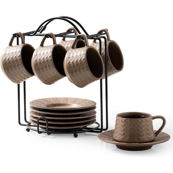 Espresso Cups Set, 4 Oz Porcelain Coffee Cups with Saucer and Metal Stand Small Cappuccino Cups Set of 6 Demitasse Cups for Espresso, Latte, Cafe Mocha, Cappuccino, and Tea, Brown