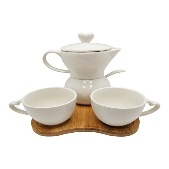 Espresso Cups Set White Porcelain Sugar And Creamer On Bamboo Tray