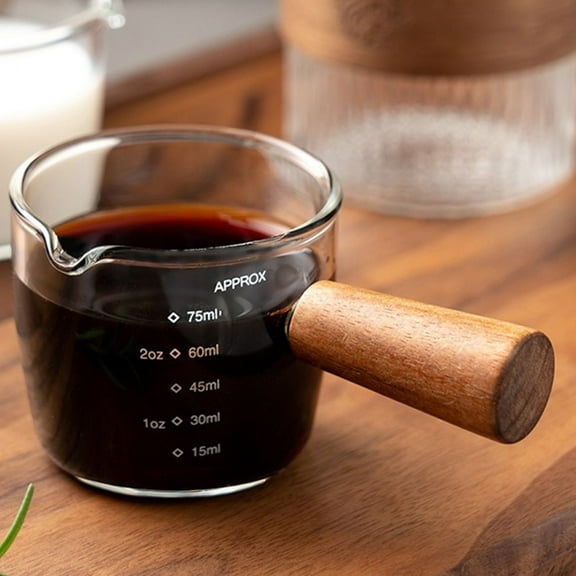Espresso Cups with Wood Handle Set of 2, Single Spout Glass Measuring Cup with Dual Scale, Espresso Shot Glass with V-Shaped Mouth, Clear Glass Espresso Accessories, Milk Frothing Pitcher