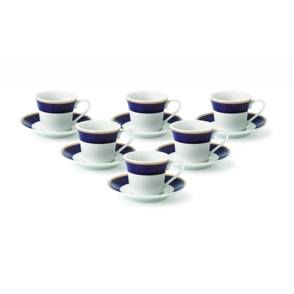 Espresso Cups and Saucers Set with Metal Stand for Cappuccino, Latte, Cafe Mocha - Blue and Gold, 2 oz. Set of 6