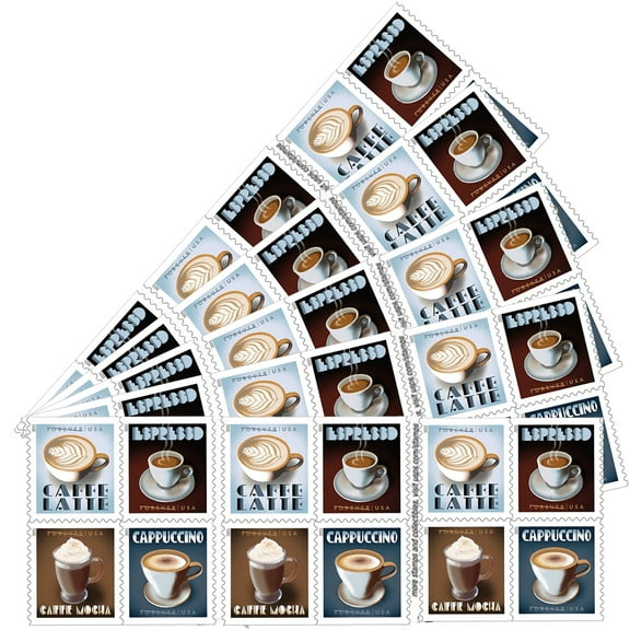 Espresso Drinks USPS Forever Postage Stamp 5 Books of 20 US First Class Postal Coffee Caffe Latte Cappuccino Birthday Anniversary Wedding Celebrate (100 Stamps)