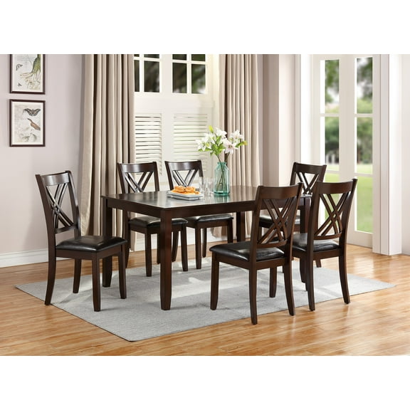 Espresso Finish 7pc Dining Set Dining Table 6 Side Chairs Unique Back Chairs Cushion Seats Dining Room Furniture Casual Modern