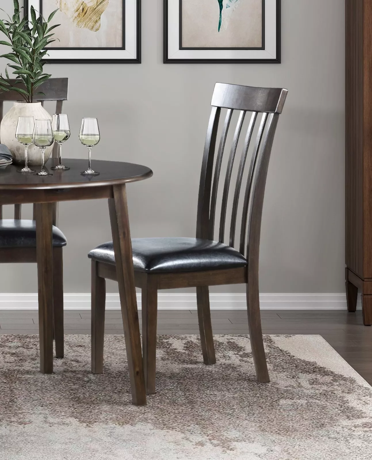 Espresso Finish Dining Chairs Set of 2, Black Faux Leather Upholstered ...