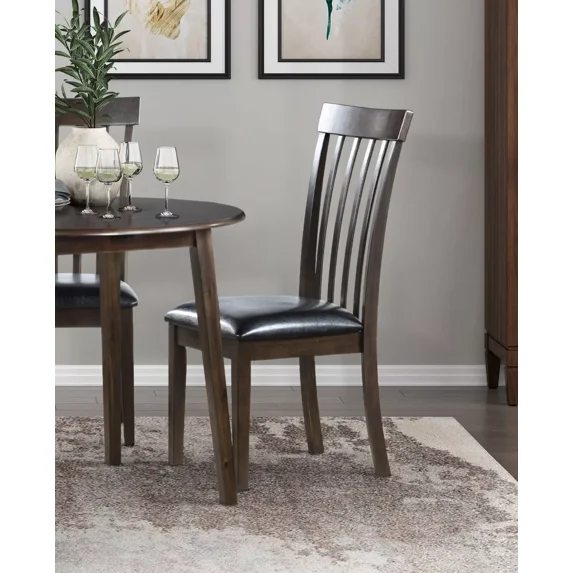 Espresso Finish Dining Chairs Set of 6, Black Faux Leather Upholstered Seat Wooden Kitchen Chairs