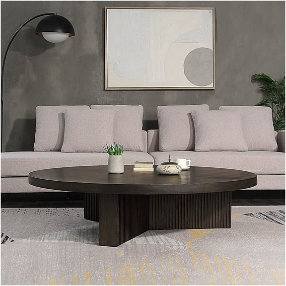 Espresso Finish Round Coffee Table, Large Synthetic Wood Center Table for Living Room, Stylish Accent Table with Fixed Top